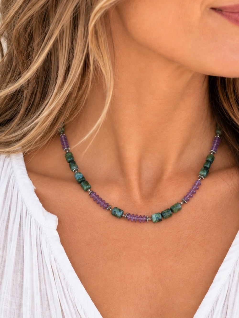 Green agate & purple amethyst healing crystal and sterling 925 silver necklace